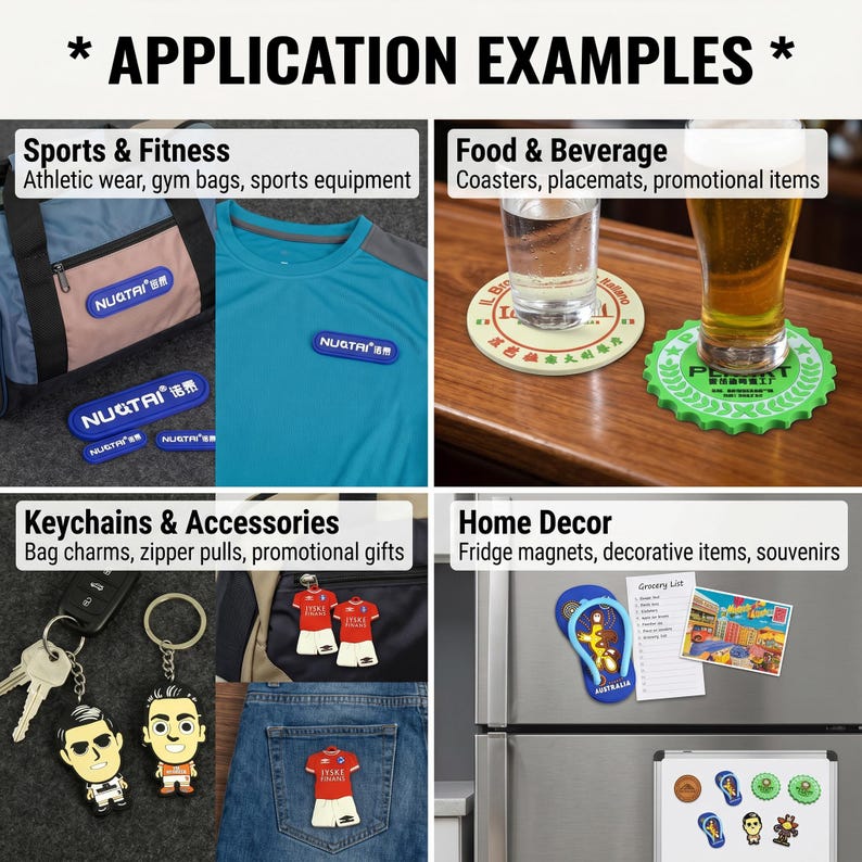 Puede incluir: Un collage de ejemplos de aplicaci&oacute;n para parches de goma personalizados y accesorios. La imagen muestra equipo deportivo, posavasos, llaveros e imanes de nevera, exhibiendo varios usos para art&iacute;culos de marca en ropa y decoraci&oacute;n del hogar.
