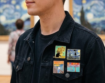 Pines esmaltados de famosas pinturas de arte con gato negro - 8 pines de solapa de obras maestras - Van Gogh Monet Klimt La noche estrellada Girasoles