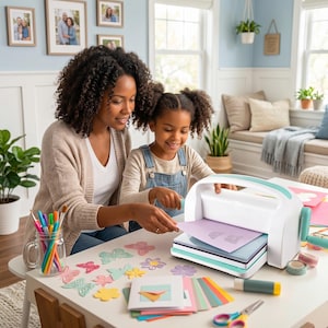 Puede incluir: Una mujer y una niña utilizan una máquina troqueladora blanca y turquesa sobre una mesa blanca. En la mesa hay recortes de papel de mariposas y flores de colores, junto con materiales de arte y proyectos terminados. La habitación tiene un ambiente luminoso y aireado.