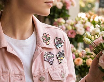Conjunto de pines esmaltados con diseño de ramo de flores - 6 pines florales para solapa - Rosa, tulipán, clavel, lirio - Insignia de esmalte duro - Regalo para amantes de las flores