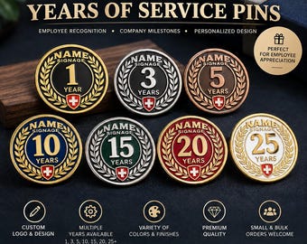 Custom Years of Service Pins, Employee Anniversary Lapel Pins, Personalized Company Milestone Awards, 3 5 10 15 20 Year Recognition Pins