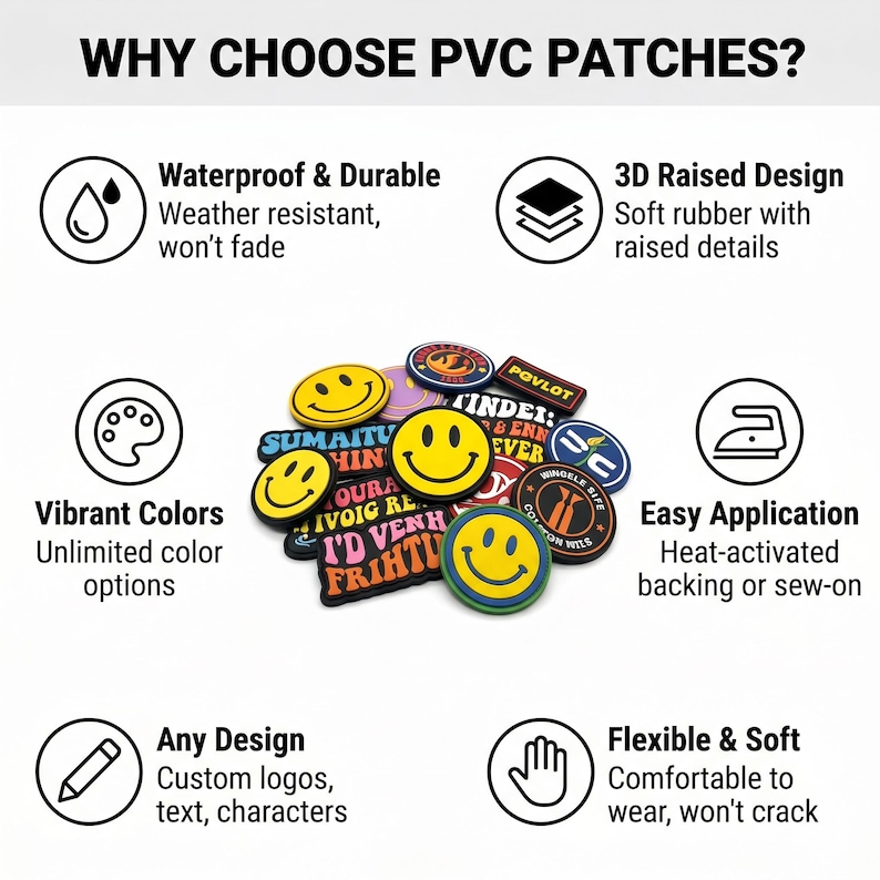 Puede incluir: Una colecci&oacute;n de parches de PVC circulares y rectangulares con varias caras sonrientes, texto y logotipos en colores vibrantes. La imagen incluye texto que explica los beneficios de los parches de PVC, como impermeabilidad, durabilidad, dise&ntilde;o 3D en relieve, colores vibrantes, f&aacute;cil aplicaci&oacute;n, dise&ntilde;os personalizados y material flexible.