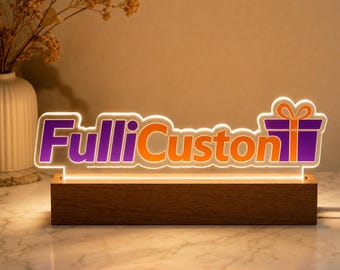 Custom LED Acrylic Logo Lamp with Wooden Base, Personalized Business Logo Night Light, Engraved Acrylic Sign, Office Desk Decor Gift