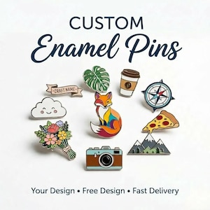 May include: A collection of custom enamel pins featuring various designs including a fox, a camera, a coffee cup, a compass, a pizza slice, a cloud, a flower bouquet, a leaf, and a banner with the text "CRAFT NAME" and "CUSTOM Enamel Pins".