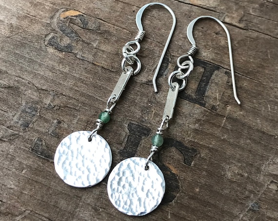 Sterling Silver Coin Hammered Silver and Jade Earrings 1 3/4 inch long