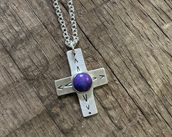 Purple Cross sterling silver cross with American mined Arizona purple Turquoise Mohave 8mm