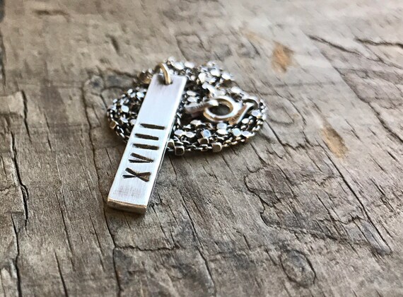 Roman Numeral Necklace Sterling Silver Bar Unisex Mens or Women's Personalized Date Bar