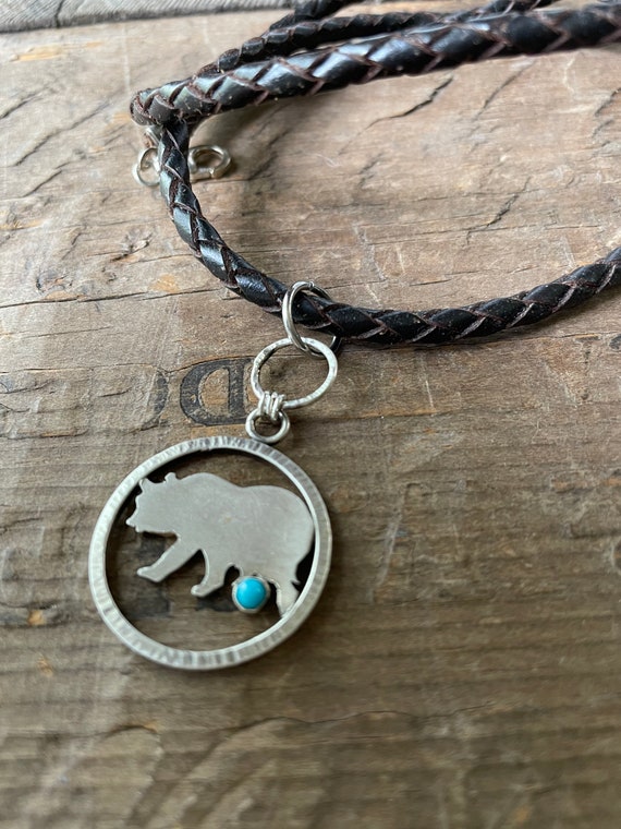 Sterling silver and Turquoise Bear pendant  on leather Boho Necklace