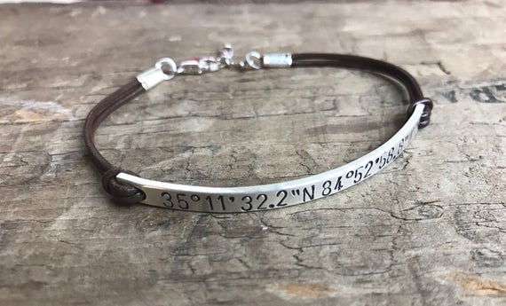 Personalized Bracelet Silver & Leather Sterling Silver Bracelet Custom Bracelet GPS Coordinates or Longitude Latitude Hipster Gift