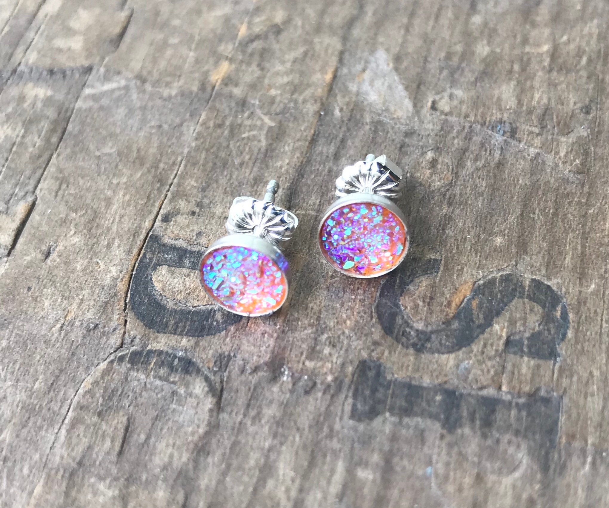 Rainbow Pink Druzy Earrings Silver Stud Earrings Sterling Silver Faux