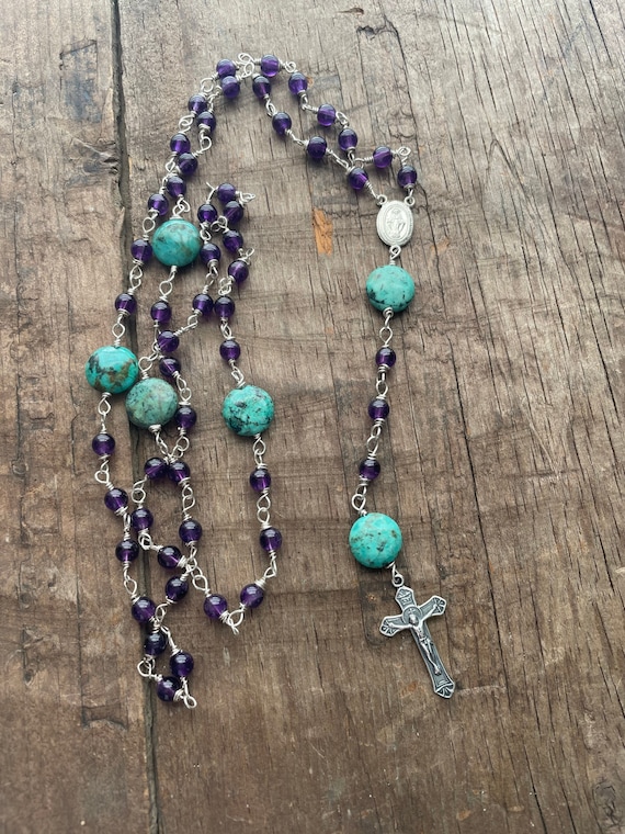 Turquoise Sterling silver Rosary with deep purple Amethyst and Turquoise beads and sterling silver Cross Crucifix
