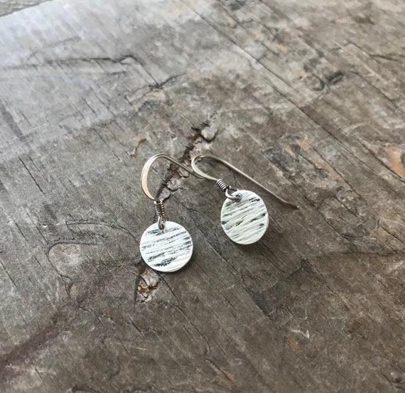 Mini silver Earrings sterling silver discs Earring Handmade Sterling SIlver Forged Textured French Hooks