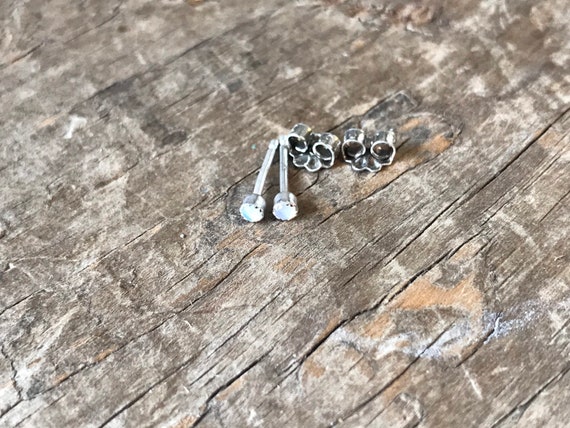 Mini Opal Stud 2mm Earrings Sterling Silver Gemstone Studs || Natural Australian Opal Tiny Earrings