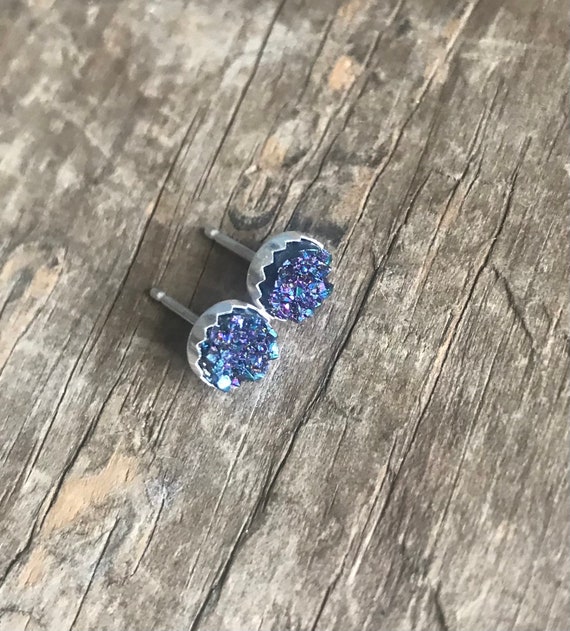 Rainbow 6mm Druzy Silver Stud Earrings Sterling Silver Faux Druzy Stud Earrings Sparkly Rainbow Druzy Sterling Silver studs