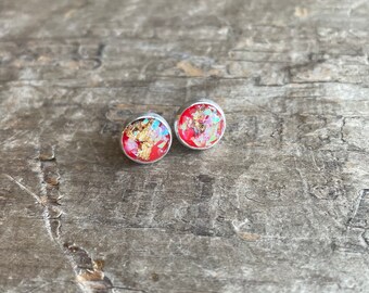 Sparkly Red and Gold Foil Studs set in solid sterling silver 10mm Earrings