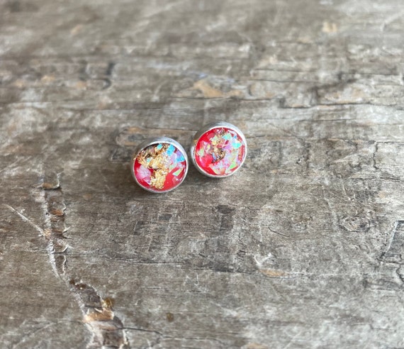 Sparkly Red and Gold Foil Studs set in solid sterling silver 10mm Earrings