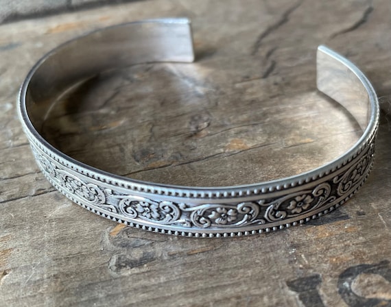 Floral silver cuff bracelet 10mm wide solid sterling silver floral cuff solid sterling silver with a floral and vine design