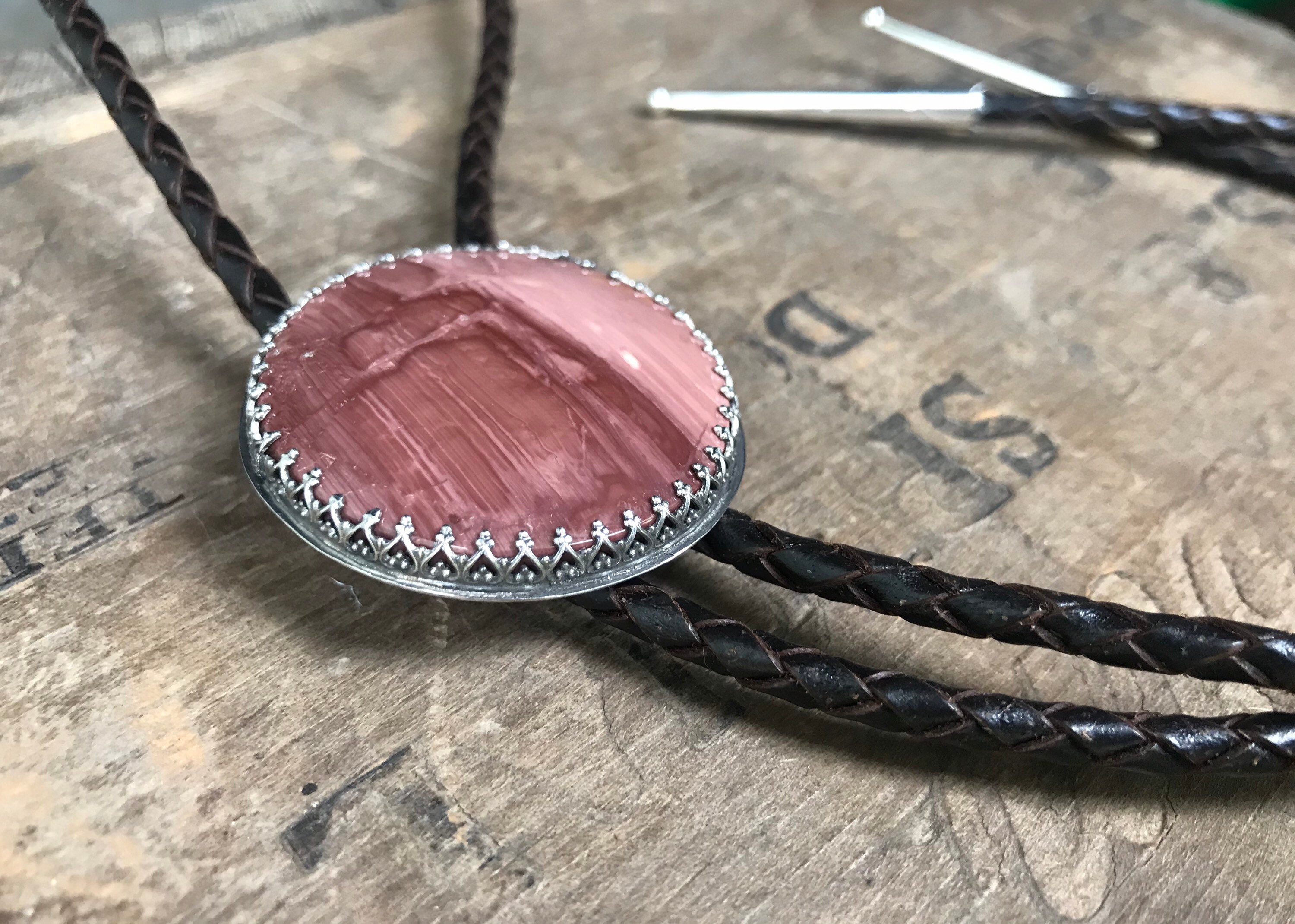 Bola tie large Bolo Tie Dark Pink Gemstone Rhodochrosite in sterling silver thick Dark Brown