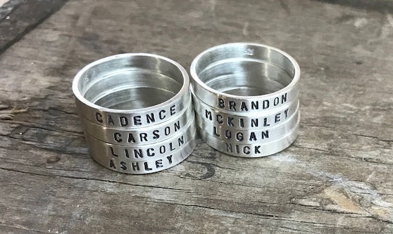 Mom Rings Set of FOUR 4 Mom Rings Personalized Mom Rings Womens Sterling Silver Childrens Names Ring Stacking Skinny Rings Kids Names