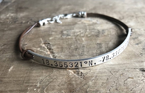 Personalized Women's Bracelet Leather & Sterling Silver Custom Bracelet GPS Coordinates