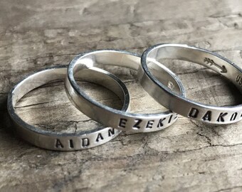 Set of Three 3 Mom RIngs Personalized Mom Rings Womens Sterling Silver Childrens Names Ring Stacking Skinny Rings Kids Names