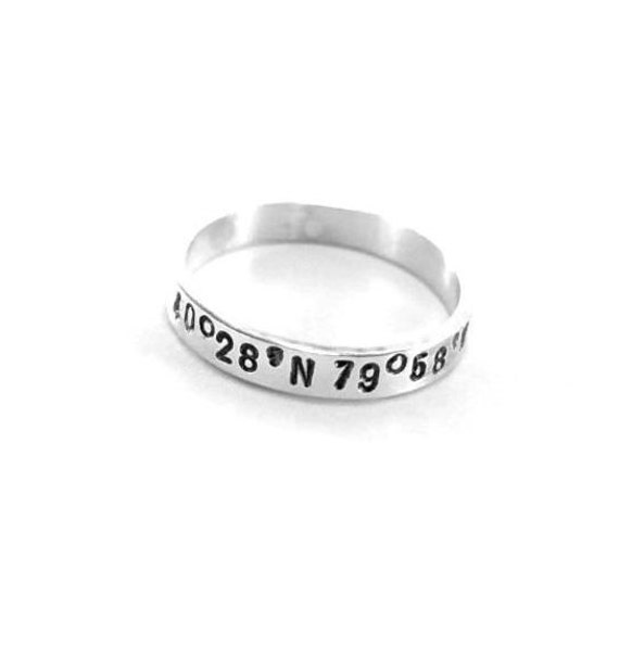 Silver GPS Ring Longitude Latitude Ring For Men & Women Sterling Silver Coordinates Ring