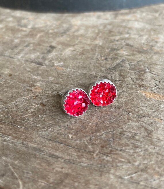 Red Druzy Earrings Silver Stud Earrings Sterling Silver Faux Druzy Stud Sparkly Red Druzy Sterling Silver studs 8mm