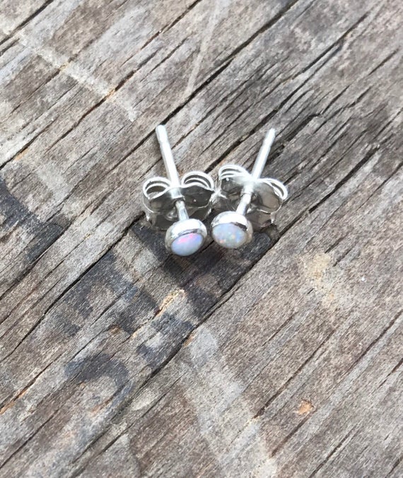 Mini Opal Stud Earrings Sterling Silver Gemstone Studs || Natural Australian Opal Tiny Earrings