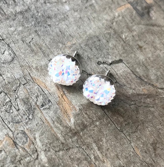 Rainbow White 8mm Druzy Silver Stud Earrings Sterling Silver Faux Druzy Stud Earrings Sparkly White Druzy Sterling Silver studs