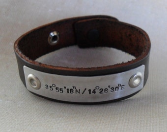 Mens Leather Bracelet Personalized GPS Coordinates Bracelet- Longitude Latitude Custom