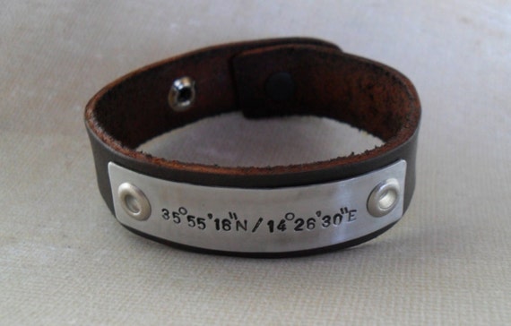 Mens Leather Bracelet Personalized GPS Coordinates Bracelet- Longitude Latitude Custom