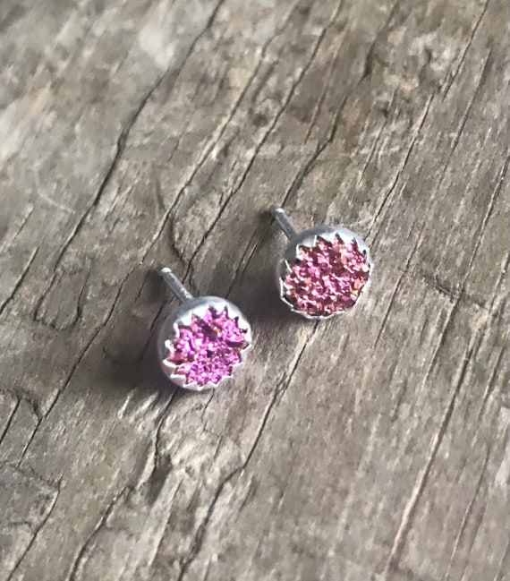 Fuchsia Druzy Earrings Silver Stud Earrings Sterling Silver Faux Druzy Stud Earrings Sparkly Druzy Sterling Silver studs