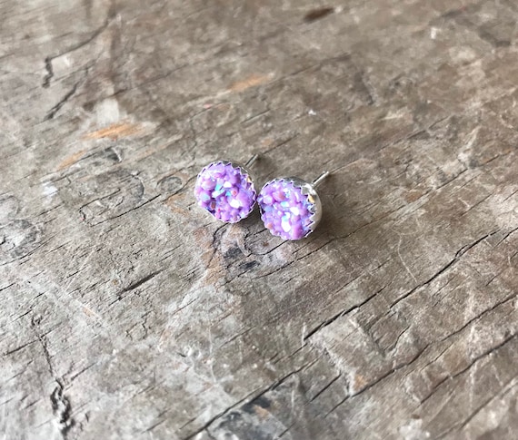 Rainbow Lavender Pastel Purple Druzy Earrings Silver Stud Earrings Sterling Silver Faux Druzy Stud Sparkly Druzy Sterling Silver studs 8mm