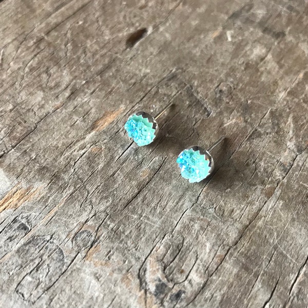 Turquoise Rainbow Druzy Earrings Silver Stud Earrings Sterling Silver Faux Druzy Stud Earrings Sparkly Druzy Sterling Silver studs mermaid