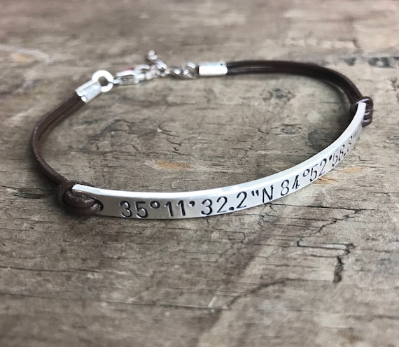 Personalized Bracelet Silver & Leather Sterling Silver Bracelet Custom Bracelet Latitude Longitude GPS Coordinates Hipster Gift