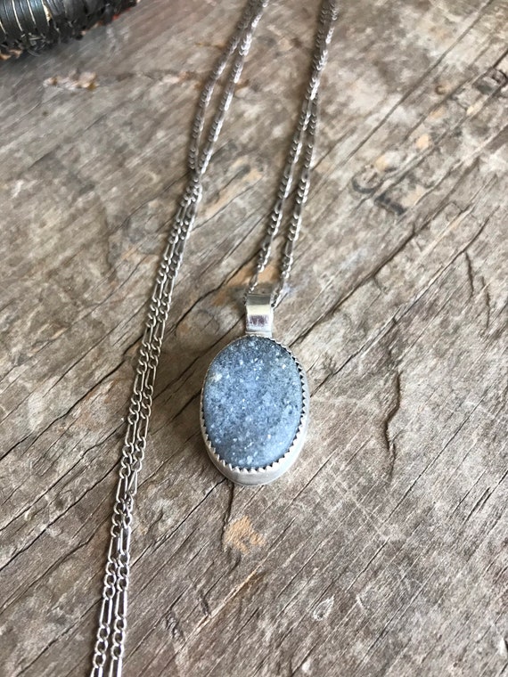 Denim gray crystal druzy and sterling silver one of a kind necklace handmade sterling silver gray denim crystal druzy pendant
