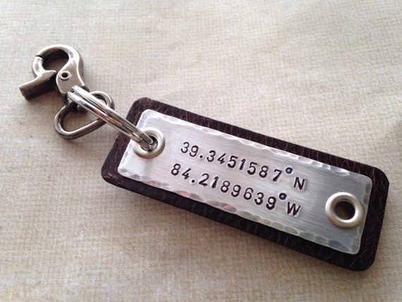 Fathers Day Gift Men's Leather Keychain Personalized GPS Coordinates Longitude Latitude Hipster Personalized Gift