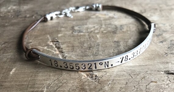 Personalized Leather Bracelet Unisex Graduation Gift Sterling Silver Custom Bracelet GPS Coordinates