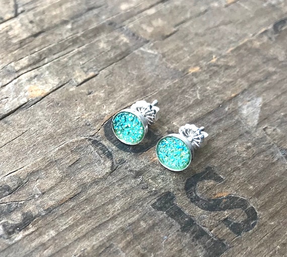 Turquoise Rainbow Druzy Earrings Silver Stud Earrings Sterling Silver Faux Druzy Stud Earrings Sparkly Druzy Sterling Silver studs mermaid