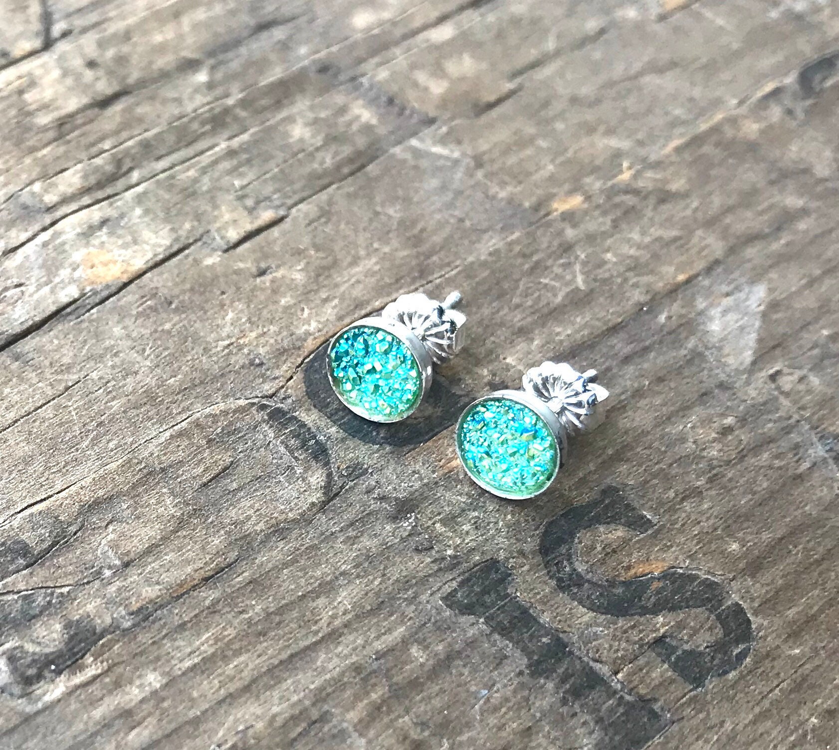 Turquoise Rainbow Druzy Earrings Silver Stud Earrings Sterling Silver