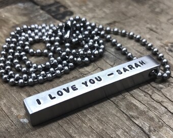 Personalized bar necklace or keychain Stainless Steel Bar Keychain 4 Sided custom necklace Hipster silver bar and chain mens gift