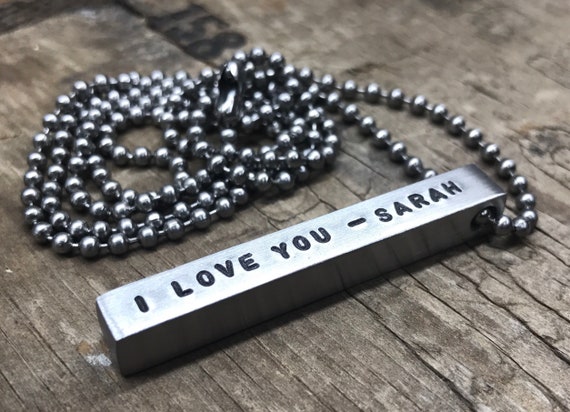 Personalized bar necklace or keychain Stainless Steel Bar Keychain 4 Sided custom necklace Hipster silver bar and chain mens gift