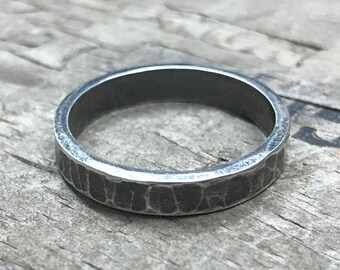 Mens Ring Wedding band || Rustic Solid Sterling Silver Ring Band