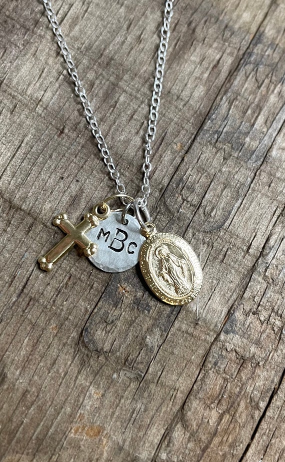 Memorial necklace gold cross monogram sterling silver charm and gold fill Mary charm