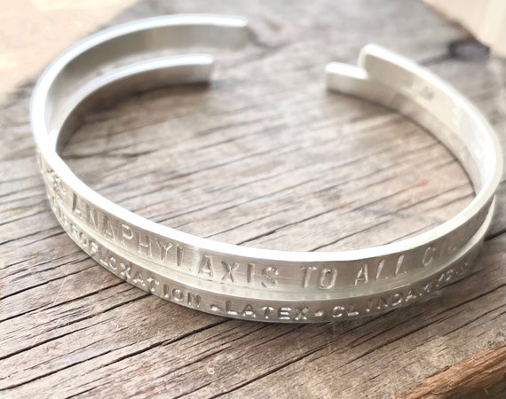 2 Personalized Medical Alert Bracelets Solid Sterling cuffs 2 Thick and Thin sterling bracelets Customized with your medical information