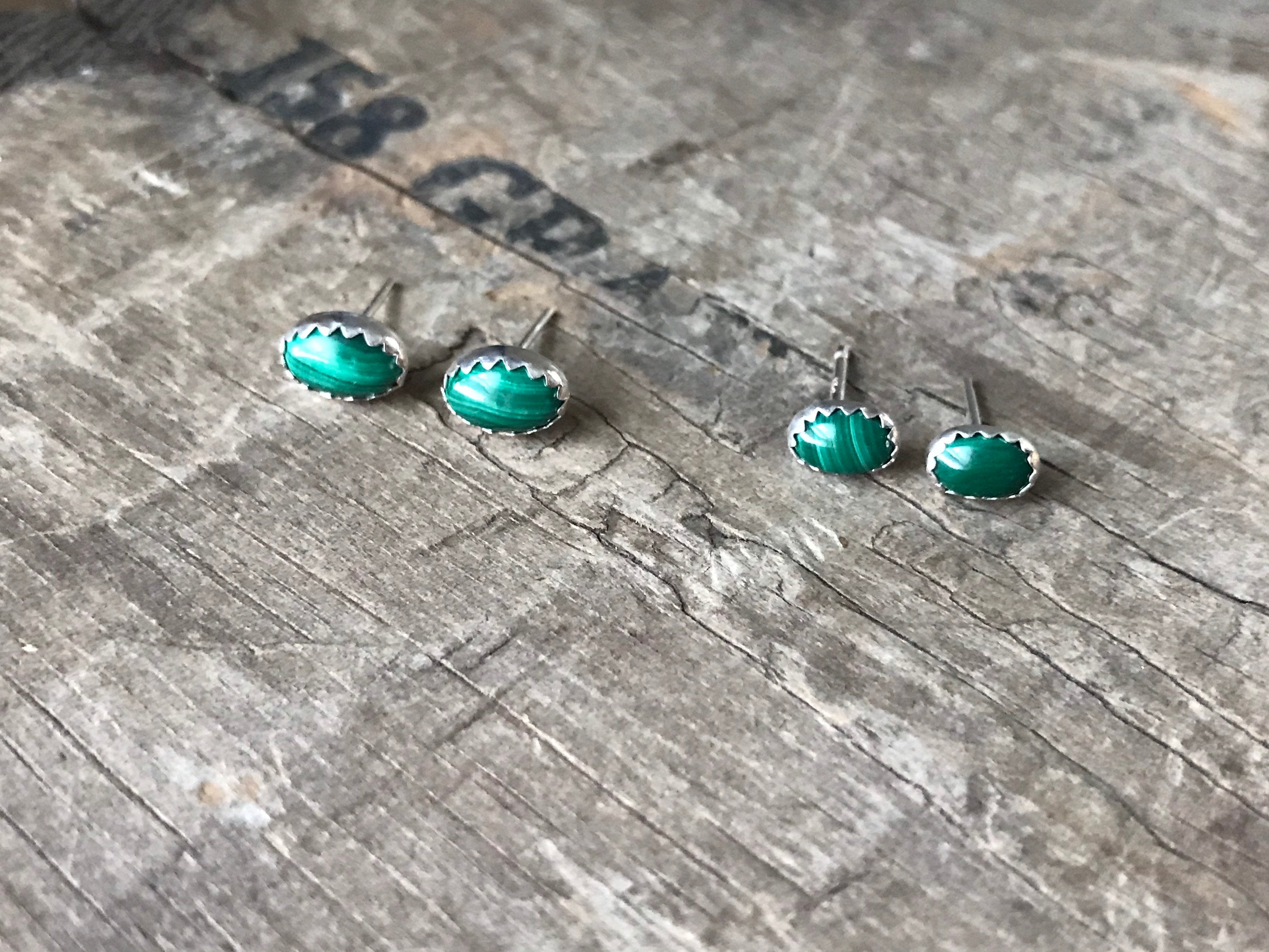 Oval Malachite handmade silver earring studs green earrings