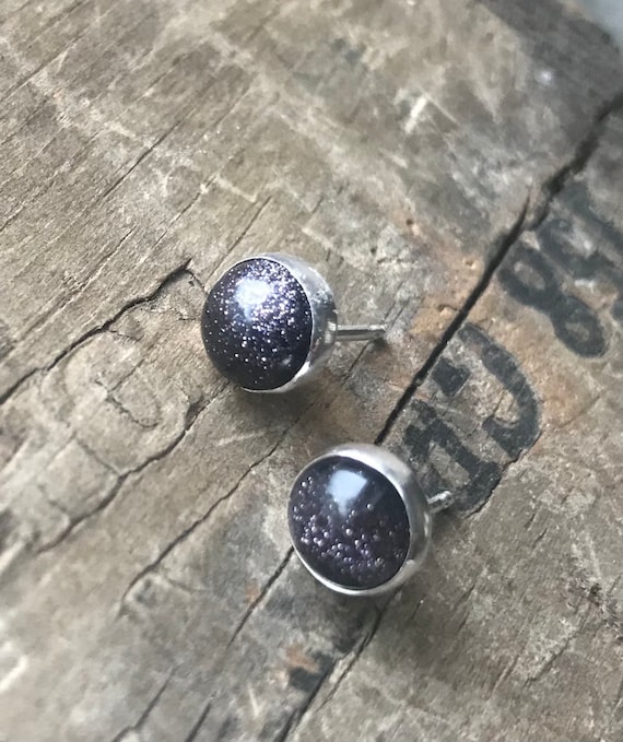 Purple Stud Earrings purple Goldstone Sterling Silver Purple Gemstone Stud Earrings || Sterling purple goldstone 7mm Studs ||