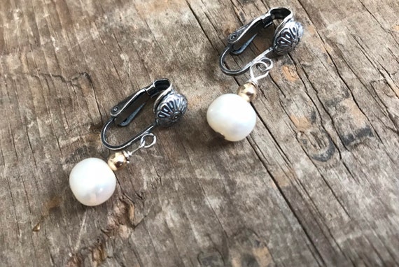 Solid sterling silver clip on earrings with 14k gold filled and fresh water Pearl drop