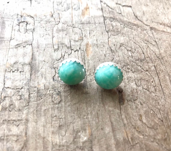 Amazonite Gemstone Stud Earrings || Sterling Studs || Amazonite Earrings Sterling Silver 10mm