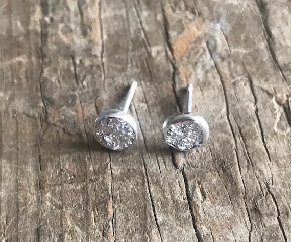 6mm Silver Druzy Earrings Silver Stud Earrings Sterling Silver Faux Druzy Stud Earrings Sparkly Silver Druzy Sterling Silver studs